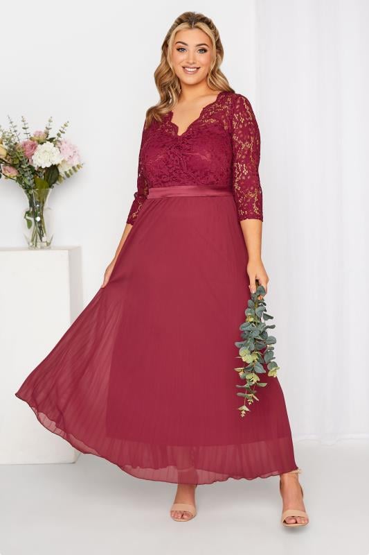 Evans YOURS LONDON Curve Burgundy Red Lace Pleated Maxi Dress