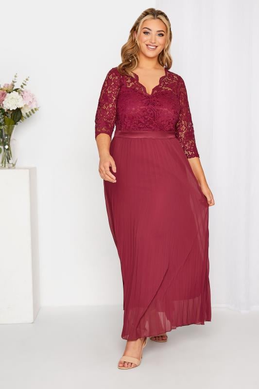evans YOURS LONDON Curve Burgundy Red Lace Pleated Maxi Dress