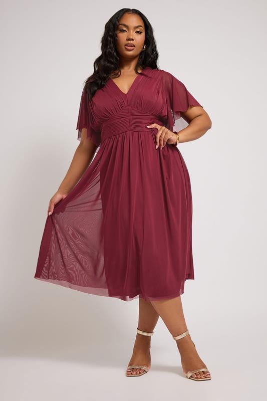 Evans YOURS LONDON Curve Burgundy Red Pleated V-Neck Mesh Midi Dress
