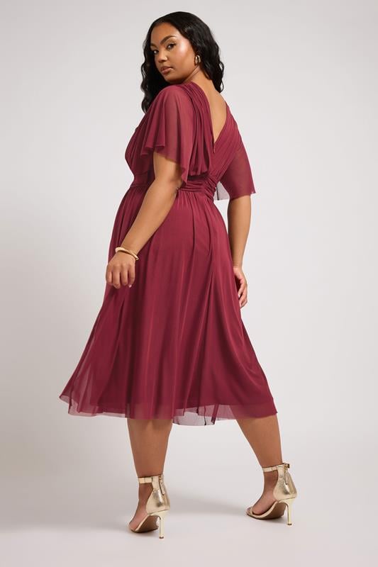 Evans YOURS LONDON Curve Burgundy Red Pleated V-Neck Mesh Midi Dress