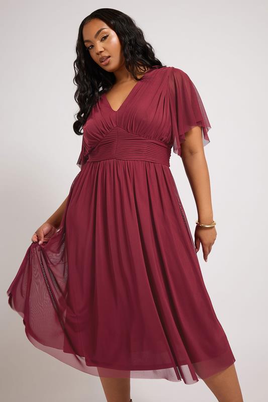 evans YOURS LONDON Curve Burgundy Red Pleated V-Neck Mesh Midi Dress