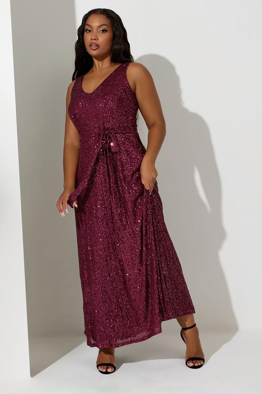 Evans YOURS LONDON Curve Burgundy Red Sequin V-Neck Maxi Dress