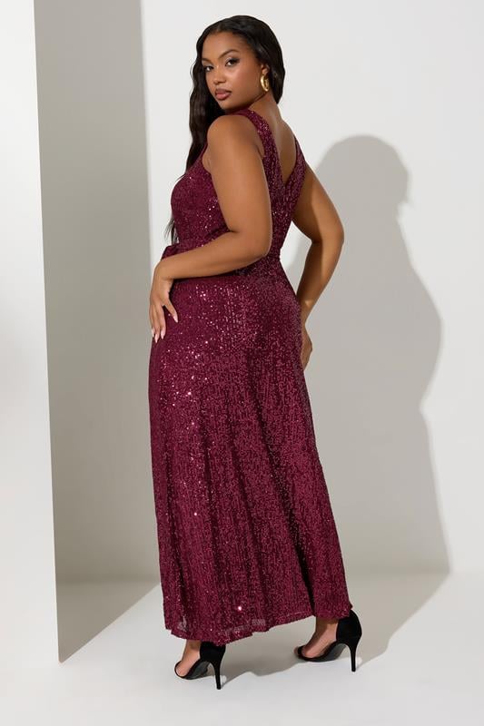 Evans YOURS LONDON Curve Burgundy Red Sequin V-Neck Maxi Dress