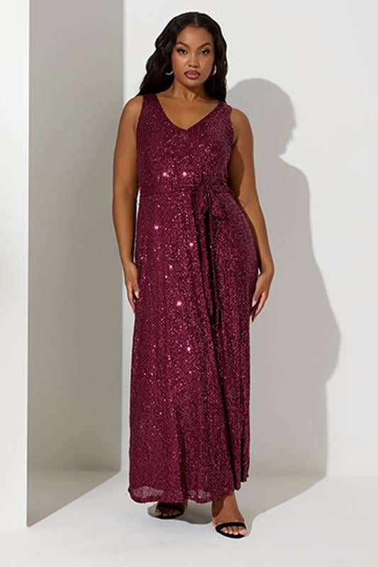 evans YOURS LONDON Curve Burgundy Red Sequin V-Neck Maxi Dress