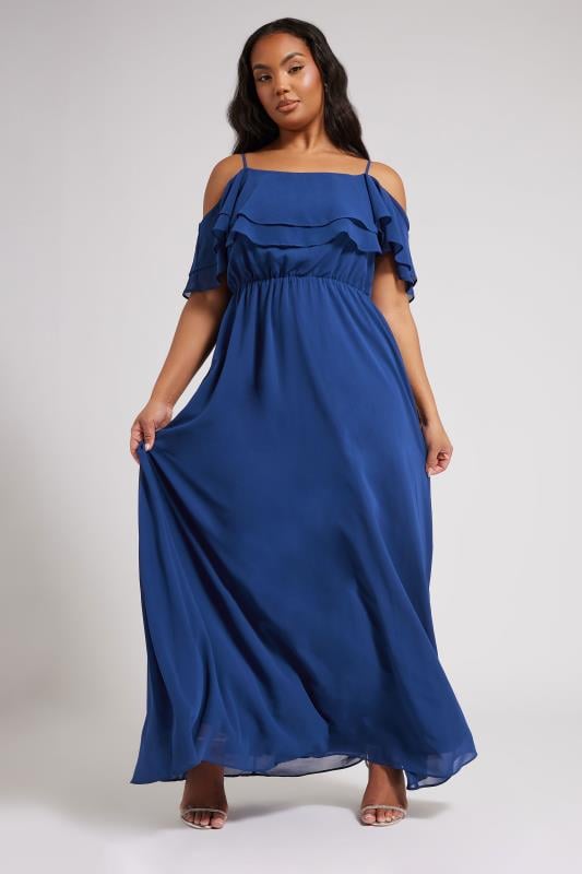 Evans YOURS LONDON Curve Cobalt Blue Frill Cold Shoulder Maxi Dress