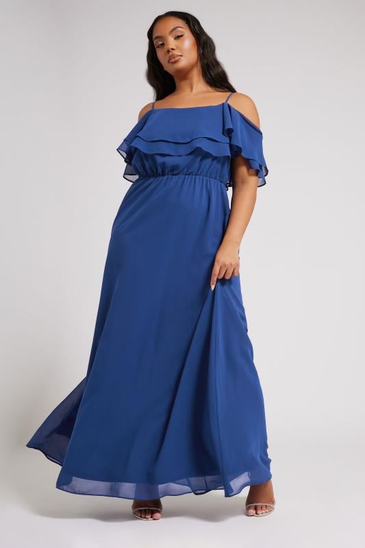 evans YOURS LONDON Curve Cobalt Blue Frill Cold Shoulder Maxi Dress