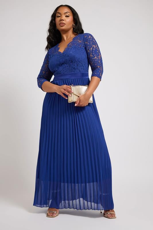 evans YOURS LONDON Curve Cobalt Blue Lace Wrap Pleated Maxi Dress