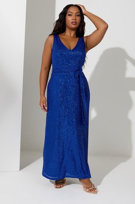 evans YOURS LONDON Curve Cobalt Blue Sequin V-Neck Maxi Dress