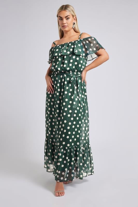 Evans YOURS LONDON Curve Dark Green Polka Dot Metallic Maxi Dress
