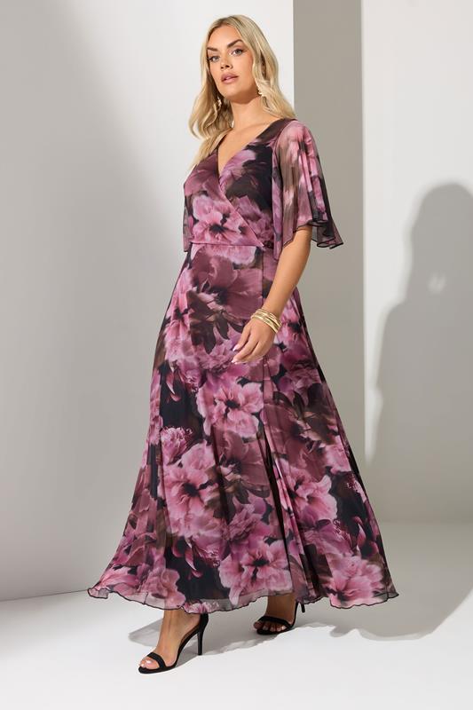 Evans YOURS LONDON Curve Dark Pink Floral Mesh Wrap Maxi Dress