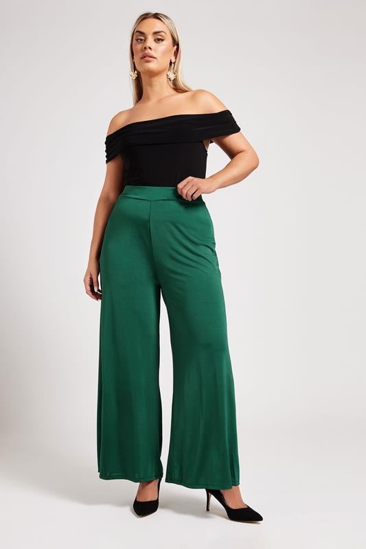 Evans YOURS LONDON Curve Emerald Green Slinky Wide Leg Trousers