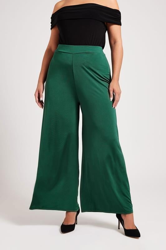 evans YOURS LONDON Curve Emerald Green Slinky Wide Leg Trousers
