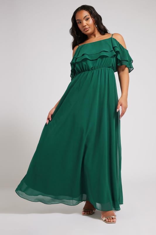Evans YOURS LONDON Curve Forest Green Frill Cold Shoulder Maxi Dress