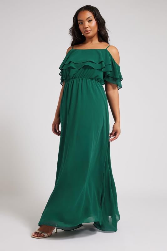 evans YOURS LONDON Curve Forest Green Frill Cold Shoulder Maxi Dress