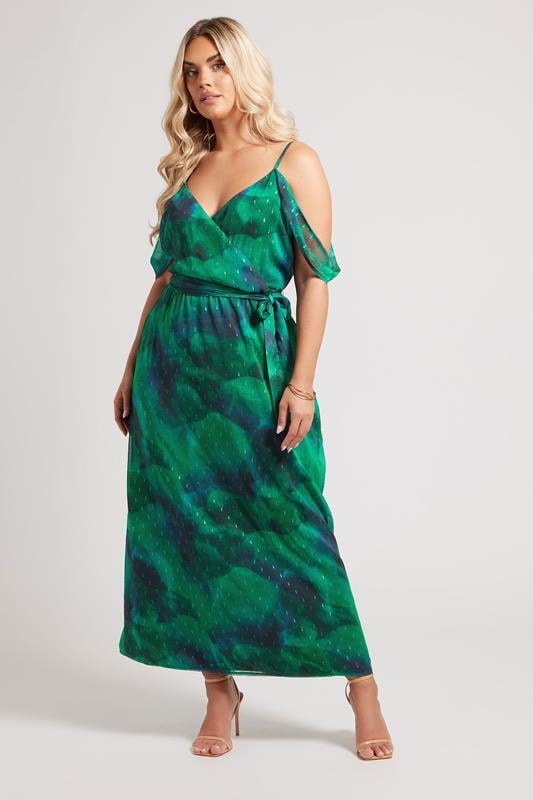 Evans YOURS LONDON Curve Green Abstract Metallic Cold Shoulder Dress