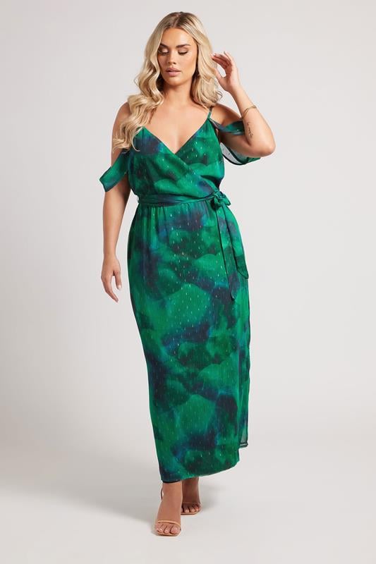 evans YOURS LONDON Curve Green Abstract Metallic Cold Shoulder Dress