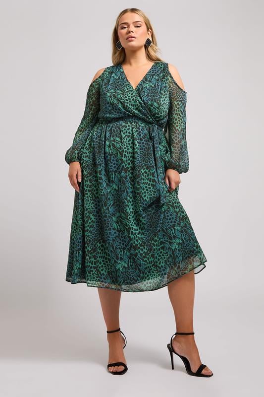 Evans YOURS LONDON Curve Green Animal Print Cold Shoulder Dress
