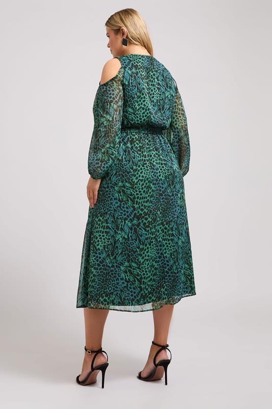 Evans YOURS LONDON Curve Green Animal Print Cold Shoulder Dress