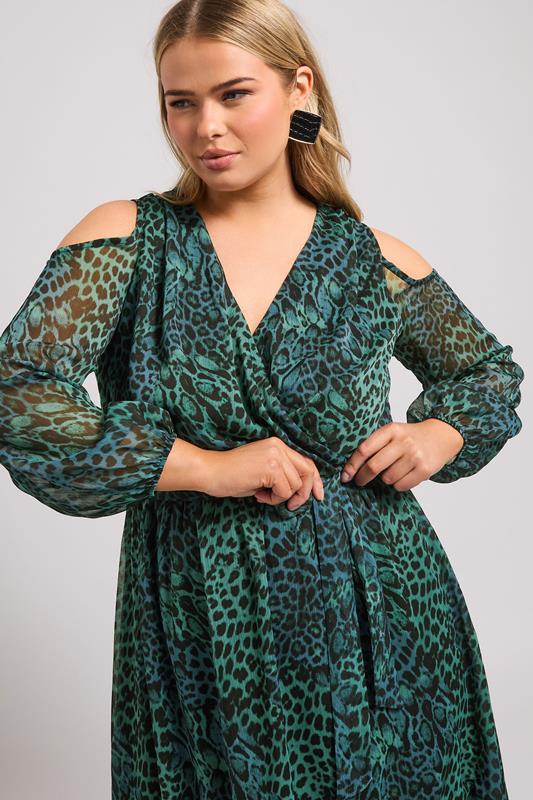 Evans YOURS LONDON Curve Green Animal Print Cold Shoulder Dress