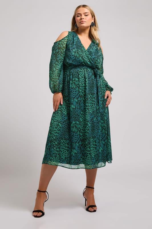 evans YOURS LONDON Curve Green Animal Print Cold Shoulder Dress