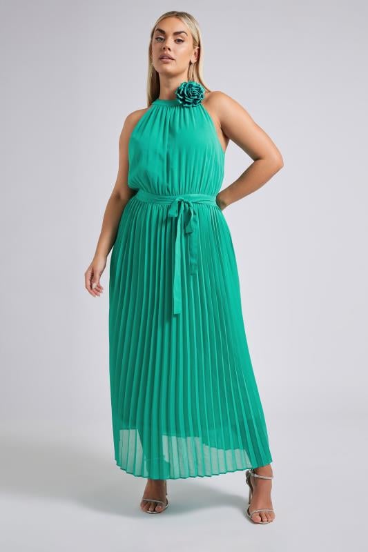 Evans YOURS LONDON Curve Green Corsage Detail Pleated Maxi Dress