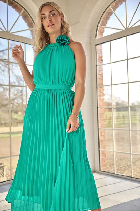 evans YOURS LONDON Curve Green Corsage Detail Pleated Maxi Dress