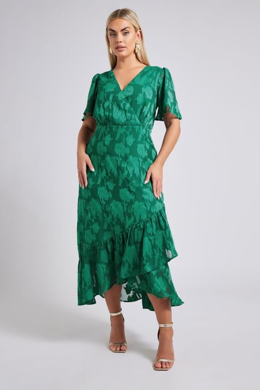 Evans YOURS LONDON Curve Green Jacquard Floral Wrap Ruffle Hem Dress