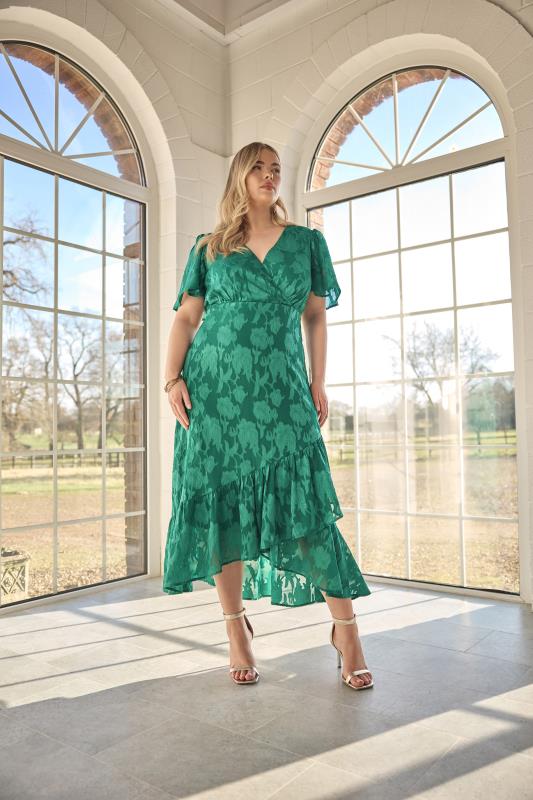 evans YOURS LONDON Curve Green Jacquard Floral Wrap Ruffle Hem Dress