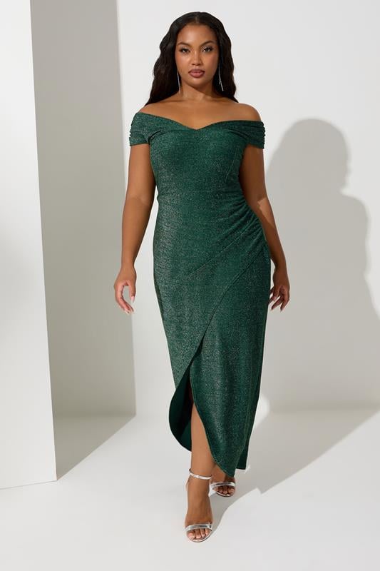 evans YOURS LONDON Curve Green Metallic Bardot Maxi Dress