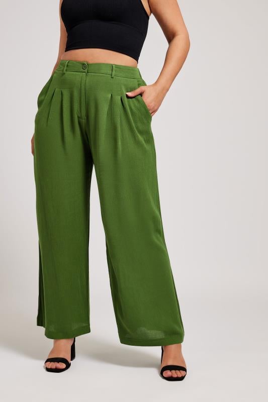 evans YOURS LONDON Curve Green Pleat Front Wide Leg Trousers