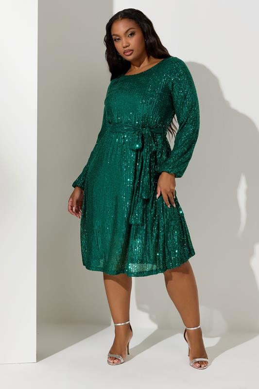 evans YOURS LONDON Curve Green Sequin Skater Midi Dress