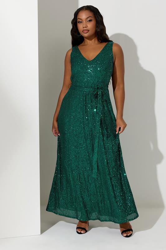 Evans YOURS LONDON Curve Green Sequin V-Neck Maxi Dress