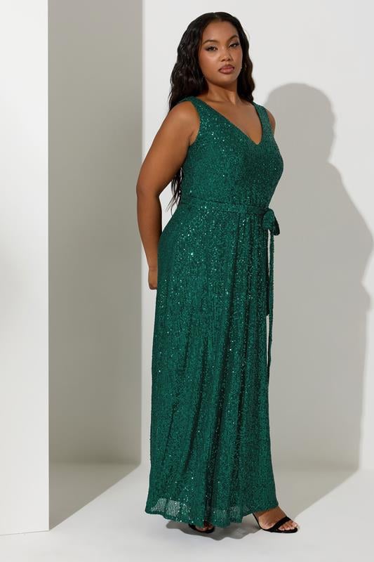 evans YOURS LONDON Curve Green Sequin V-Neck Maxi Dress