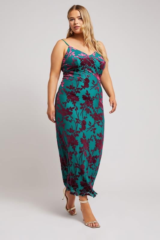 Evans YOURS LONDON Curve Green Velour Floral Midaxi Slip Dress