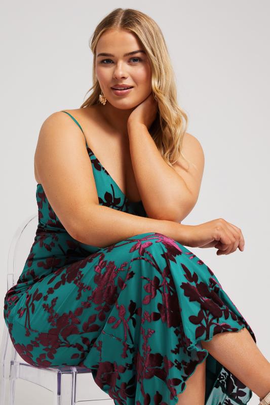 Evans YOURS LONDON Curve Green Velour Floral Midaxi Slip Dress