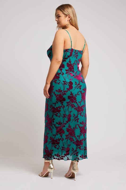 Evans YOURS LONDON Curve Green Velour Floral Midaxi Slip Dress
