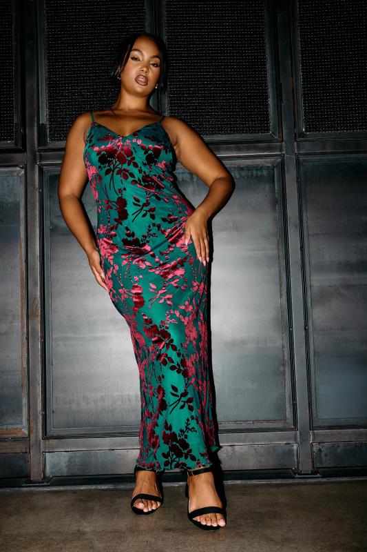 evans YOURS LONDON Curve Green Velour Floral Midaxi Slip Dress