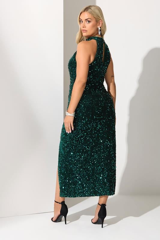 evans YOURS LONDON Curve Green Velvet Sequin Halterneck Maxi Dress