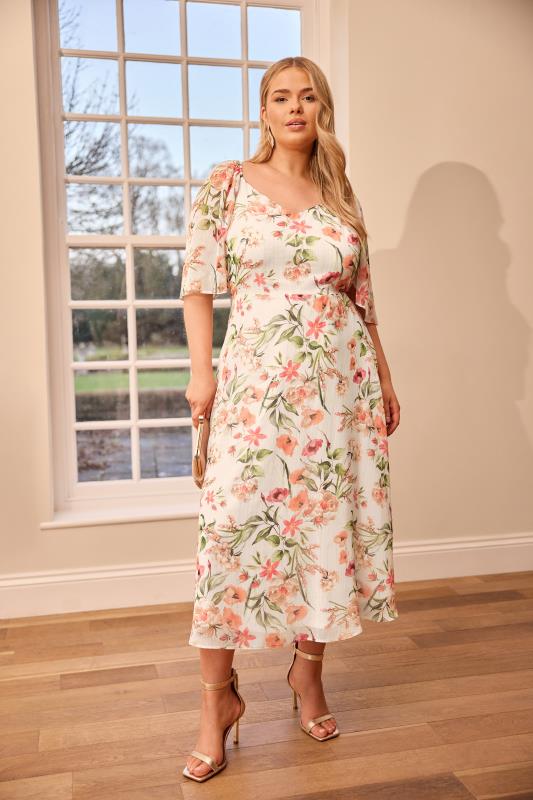 evans YOURS LONDON Curve Ivory White Floral Metallic Midaxi Dress