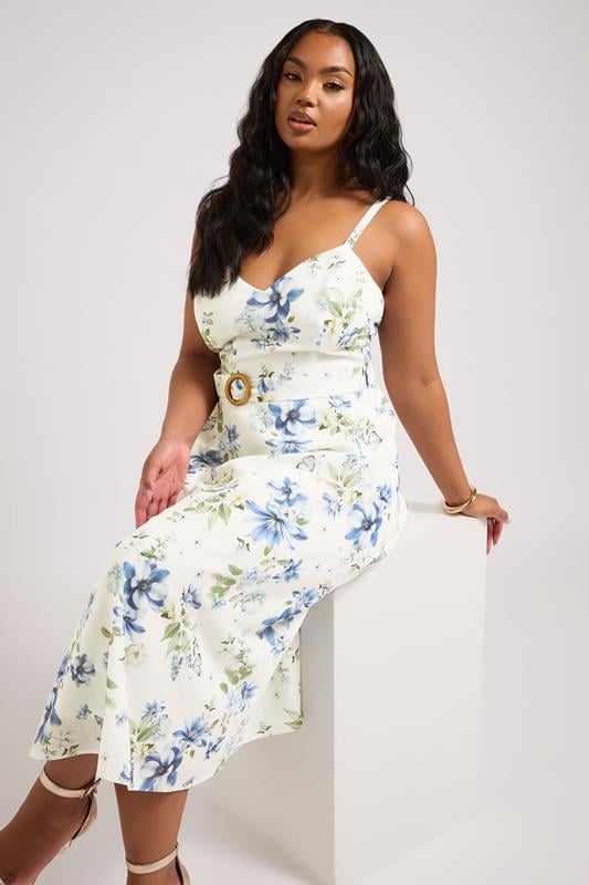 Evans YOURS LONDON Curve Ivory White Floral Print Belted Linen Look Dress