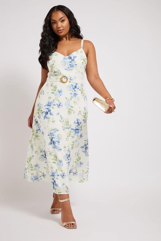 evans YOURS LONDON Curve Ivory White Floral Print Belted Linen Look Dress