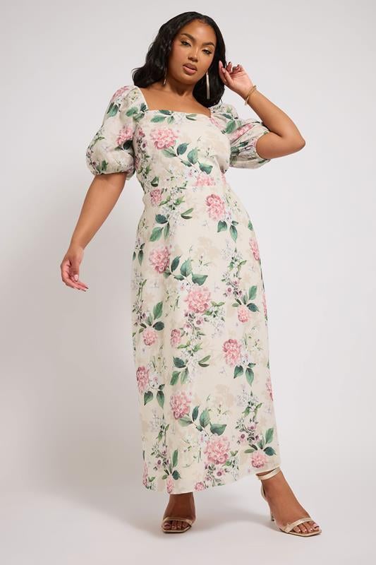 Evans YOURS LONDON Curve Ivory White Floral Print Linen Look Midaxi Dress