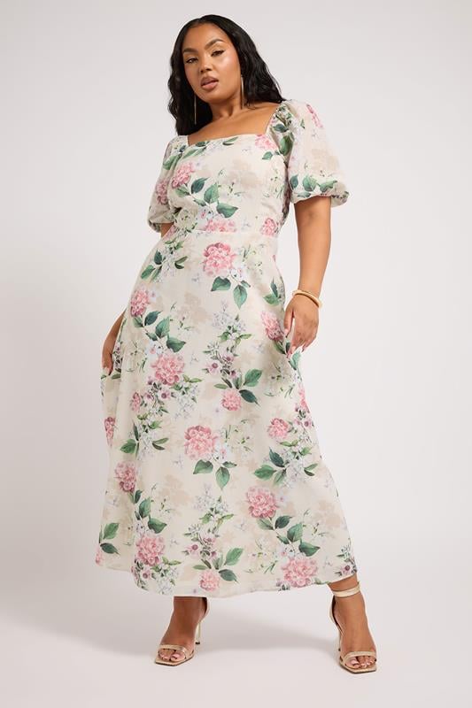 evans YOURS LONDON Curve Ivory White Floral Print Linen Look Midaxi Dress