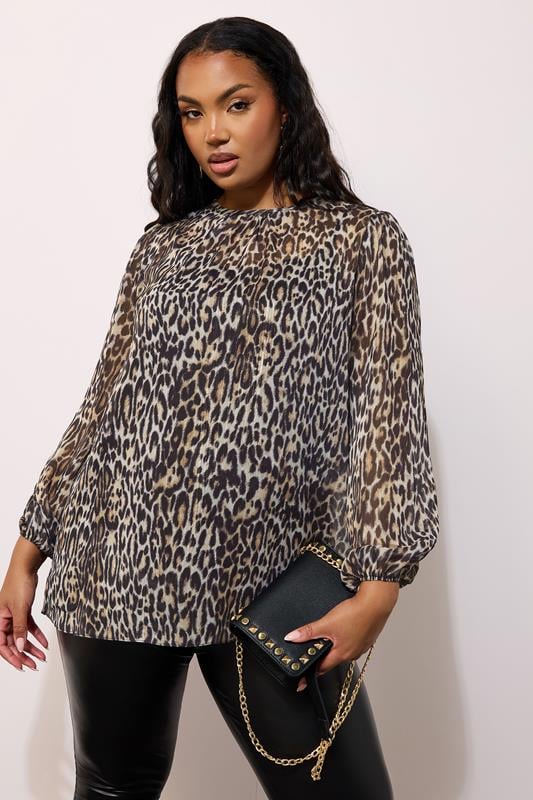 evans YOURS LONDON Curve Natural Brown Leopard Print Metallic Chiffon Blouse