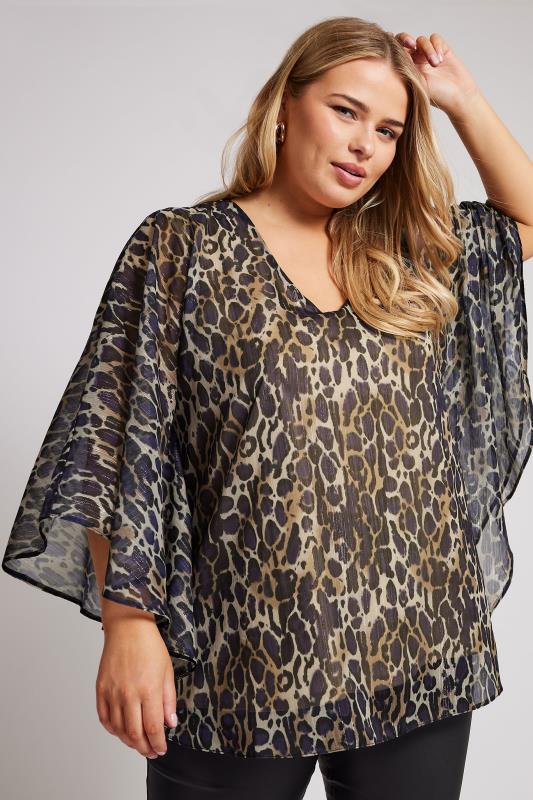 Evans YOURS LONDON Curve Natural Brown Metallic Leopard Print Cape Blouse