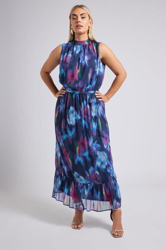 Evans YOURS LONDON Curve Navy Blue Blurred Floral Print Maxi Dress