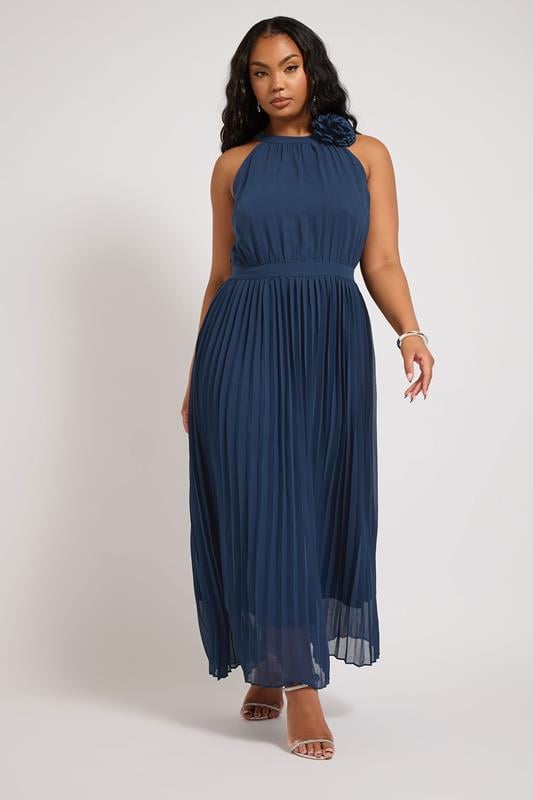 Evans YOURS LONDON Curve Navy Blue Corsage Detail Pleated Maxi Dress