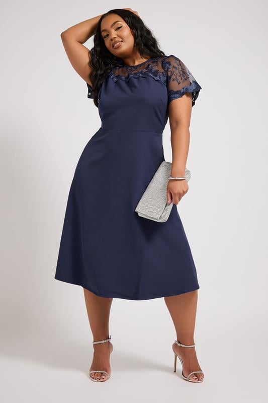 evans YOURS LONDON Curve Navy Blue Embroidered Midi Dress