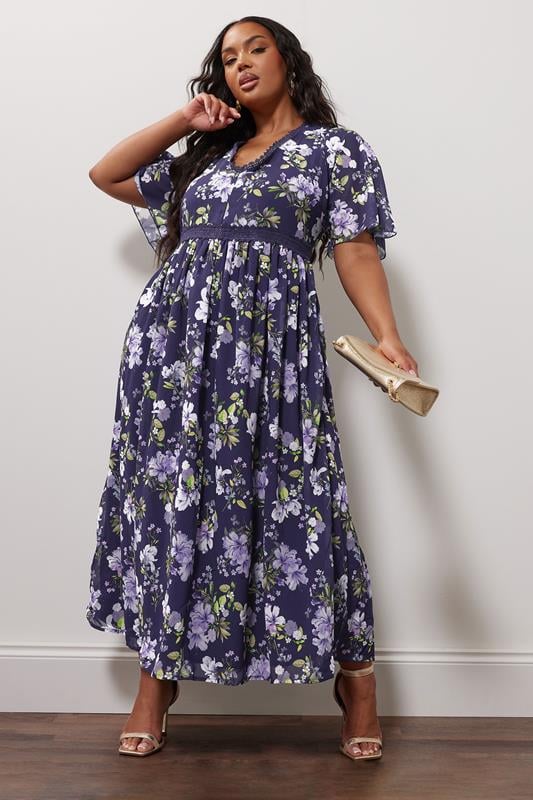 Evans YOURS LONDON Curve Navy Blue Floral Crochet Lace V-Neck Midaxi Dress