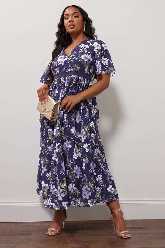 Evans YOURS LONDON Curve Navy Blue Floral Crochet Lace V-Neck Midaxi Dress